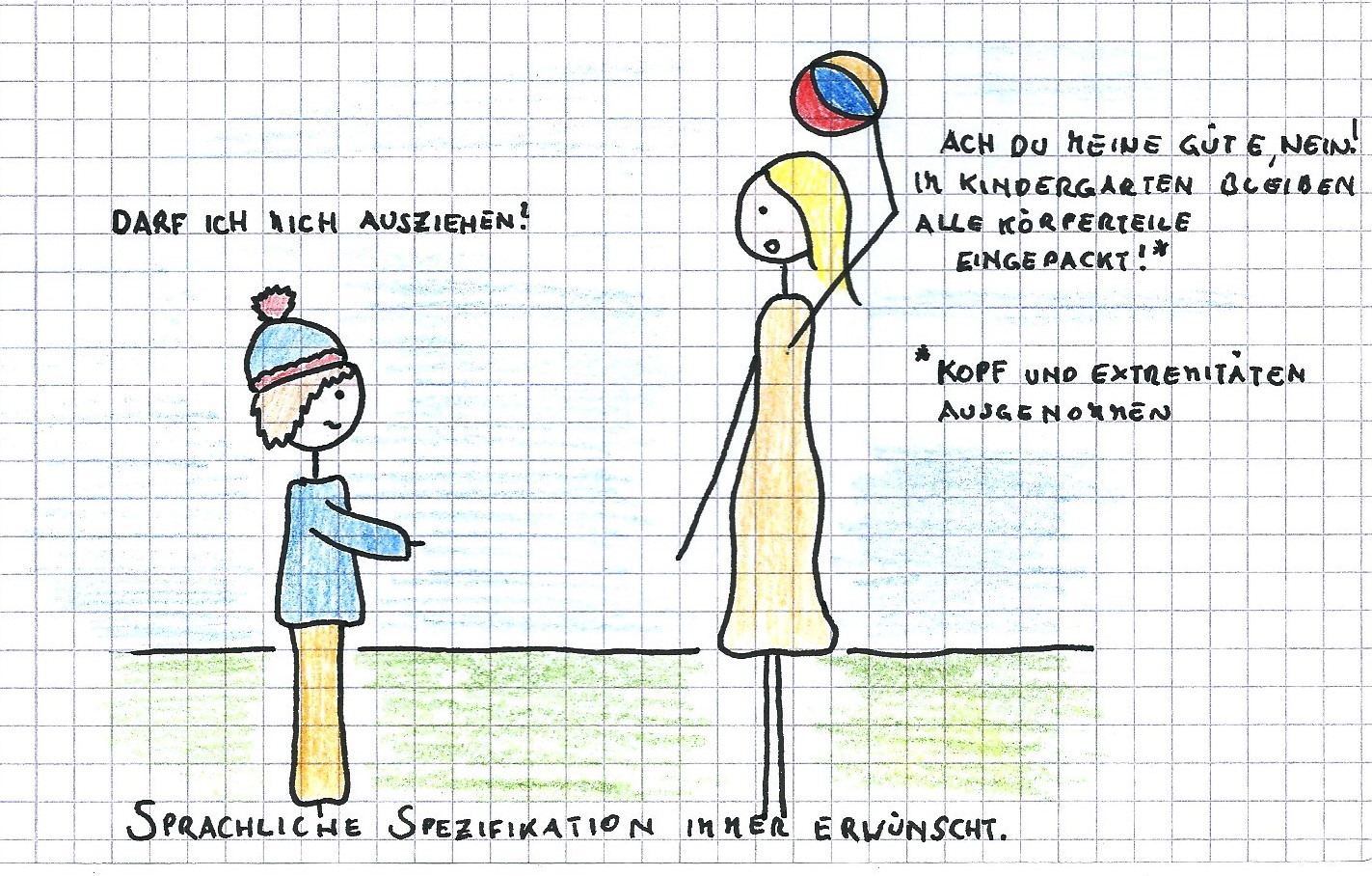 Zu meiner Verteidigung hat das Kind der Grinser in meinem Gesicht richtig gedeutet und sofort nachgesetzt: Ha. Ha. Nicht ganz ausziehen nur die Jacke und die Haube....